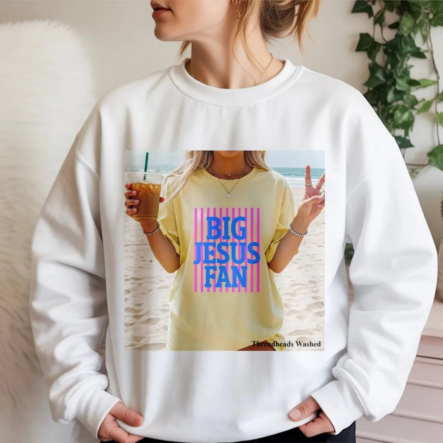Big Jesus Fan Sweatshirt | Preppy Striped Christian Graphic | Premium Cotton Blend | Inspirational Faith Gift for Women