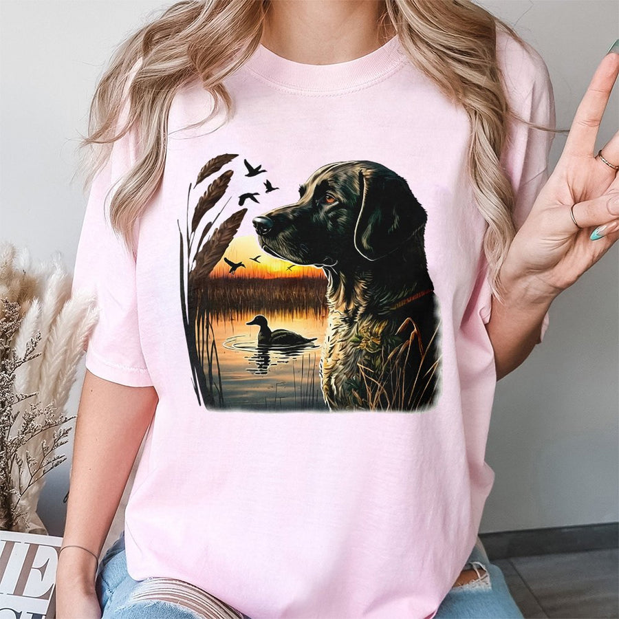 Hunting Dog T-Shirt | Duck Hunting Sunset Graphic | Premium Cotton Wildlife Apparel | Outdoor Sportsmen Gift