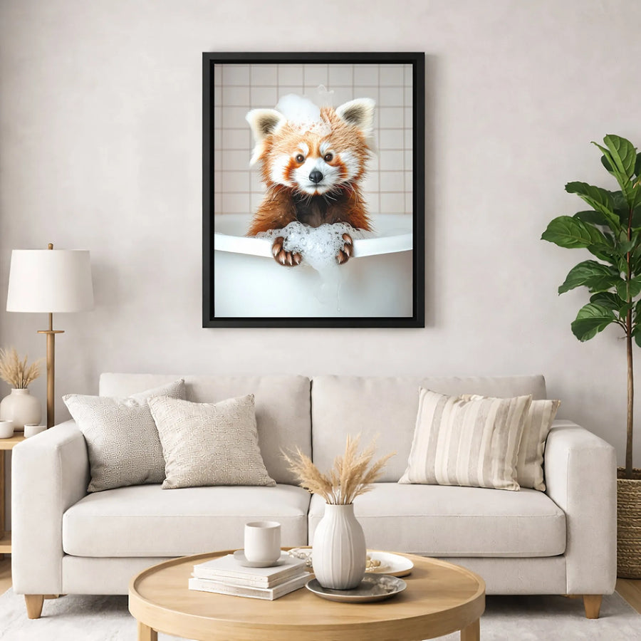 Red Panda Wall Art | Cute Animal Bubble Bath Portrait | Premium Gallery-Wrapped Canvas Print | Nursery or Bathroom Decor Gift