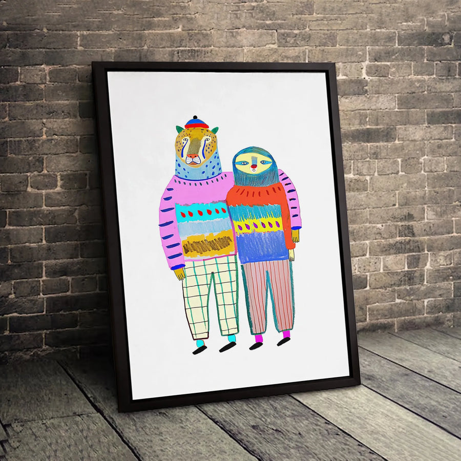 Cheetah and Sloth Couple Canvas Wall Art | Whimsical Folk Art Animal Portrait | Premium 1.25-inch Thick Gallery Wrap | Modern Home Decor Gift