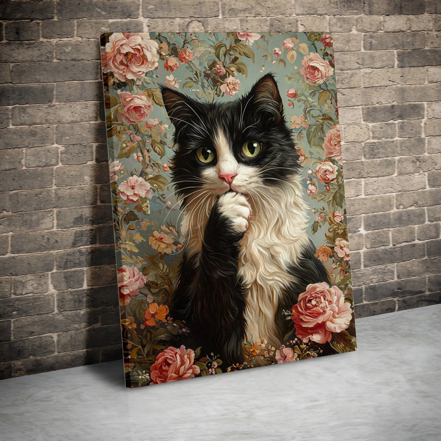 Tuxedo Cat Wall Art | Floral Vintage Pink Rose Painting | Premium Gallery-Wrapped Canvas | Whimsical Pet Lover Home Decor Gift