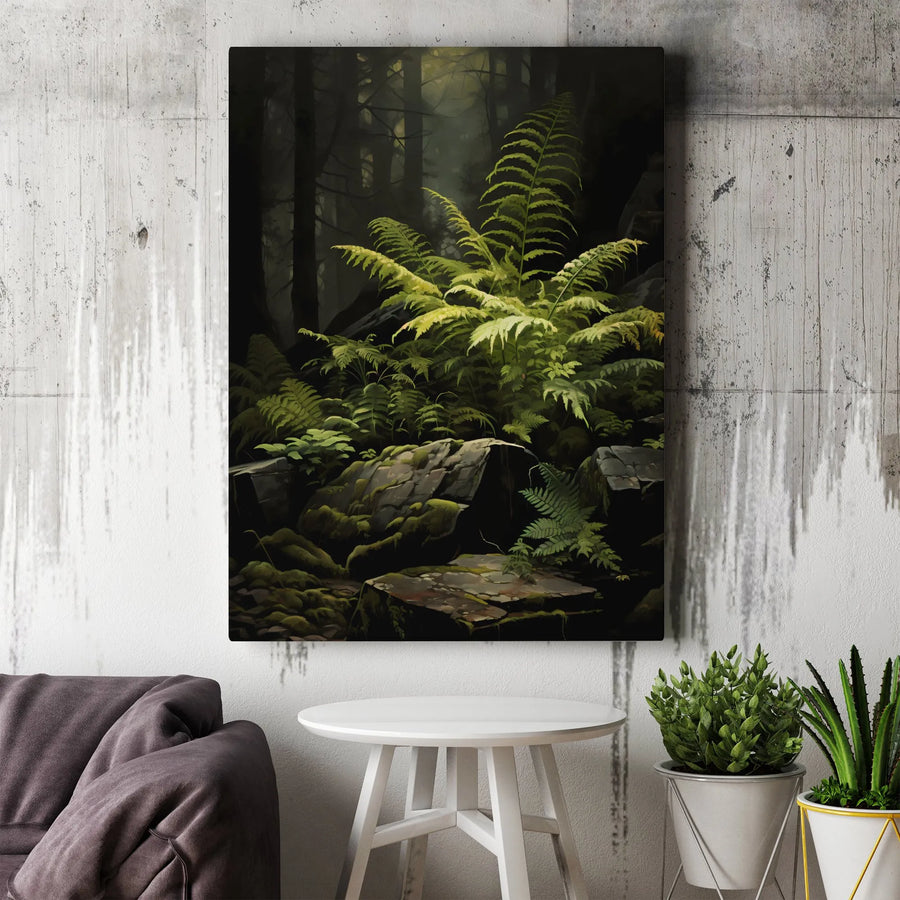 Forest Fern Canvas Wall Art | Moody Dark Forest Scene with Lush Greenery | Premium Gallery Wrapped Print | Nature Lover Gift for Rustic Home Decor