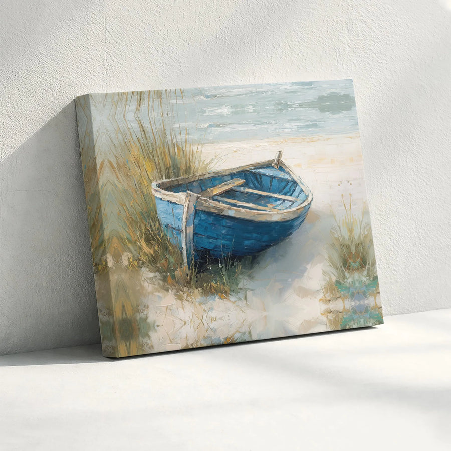 Blue Rowboat Coastal Canvas Art | Sandy Beach Nautical Painting | 1.25-Inch Gallery Wrap | Premium Beach House Wall Decor Gift