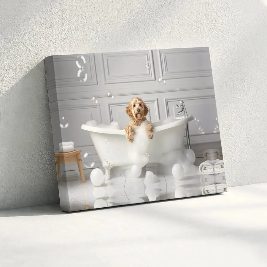 Cockapoo Dog in Bubble Bath Wall Art | Funny Bathroom Canvas Decor | Premium Fade-Resistant Print | Cute Pet Lover Gift Idea