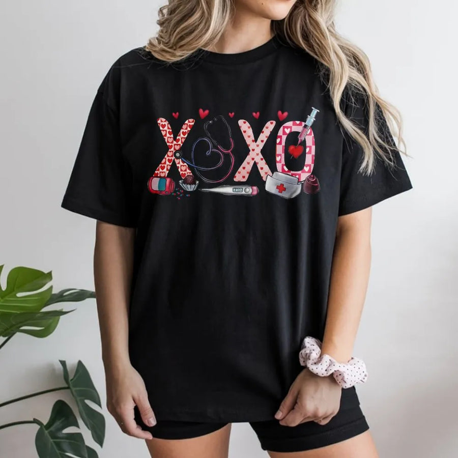XOXO Nurse Valentine T-Shirt | Medical Heart Stethoscope Graphic | Premium Soft Cotton | Cute Valentines Day Gift for Nurses and Nursing Students