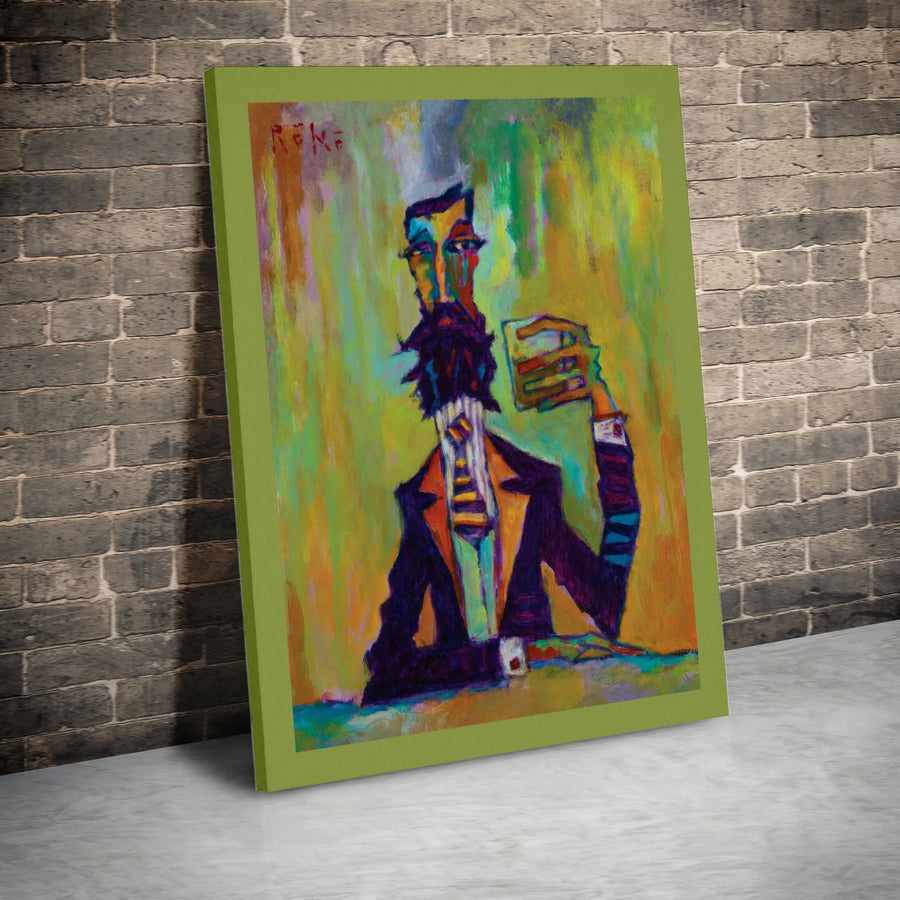 Abstract Bearded Man Canvas Wall Art | Whimsical Expressive Portrait Painting | Premium Gallery Wrapped Decor | Unique Bar Decor Gift for Men