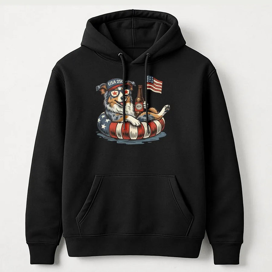 USA 250th Anniversary Dog Hoodie | Patriotic Aussie Shepherd with American Flag | Premium Unisex Pullover | Independence Day Gift for Dog Lover