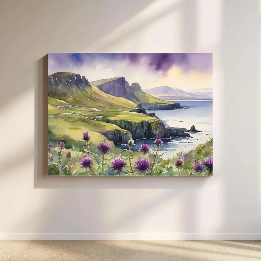 Scottish Highland Canvas Art | Watercolor Coastal Landscape with Thistles | Premium Gallery Quality Print | Living Room Wall Decor
