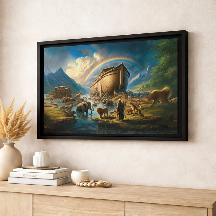 Noah's Ark Canvas Wall Art | Biblical Scene With Animals And Rainbow | Premium Gallery Wrap Print | Religious Home Decor Gift