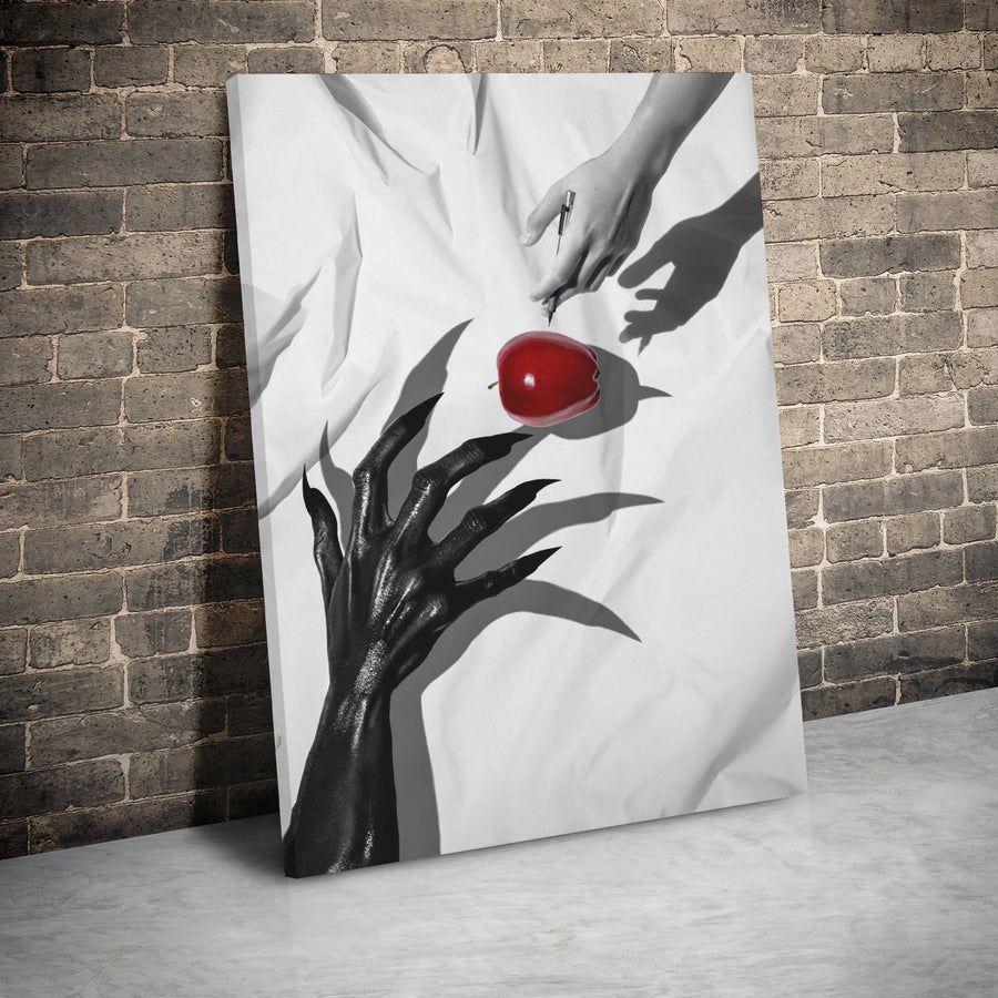 Surrealist Wall Art | Demonic Claw and Human Hand Red Apple Canvas | Premium Gallery Wrap Decor | Dark Gothic Home Office Gift
