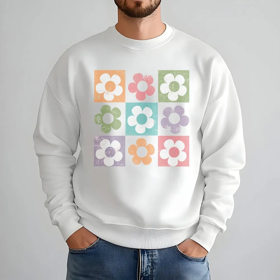 Retro Floral Grid Sweatshirt | Vintage 70s Boho Flower Graphic | Soft 100% Cotton Tee | Aesthetic Summer Gift for Her