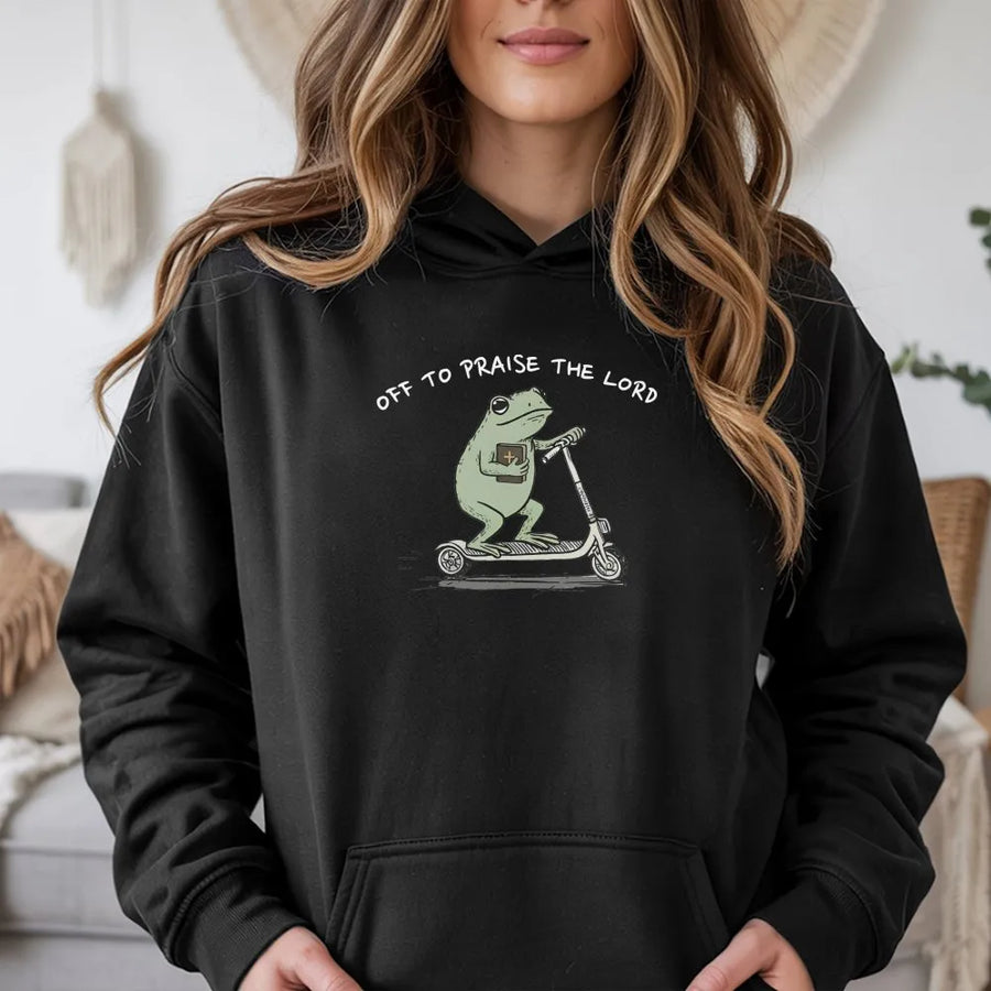 Christian Frog Hoodie | Funny 'Off To Praise The Lord' Graphic | Premium Cotton Blend Crewneck | Cute Faith Based Religious Gift