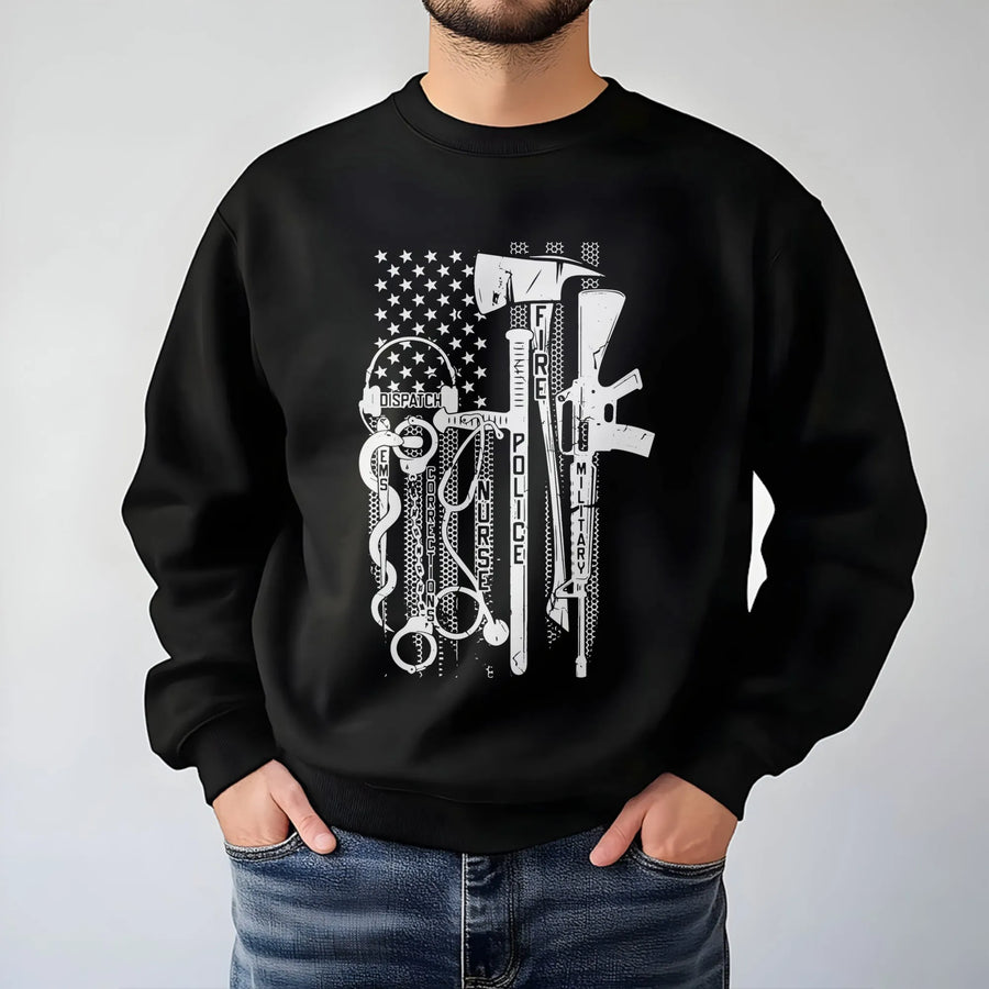 First Responder Flag Sweatshirt | Patriotic Fire Police EMS Military Graphic | Premium Cotton Blend Fleece | Gift for Heroes and Supporters