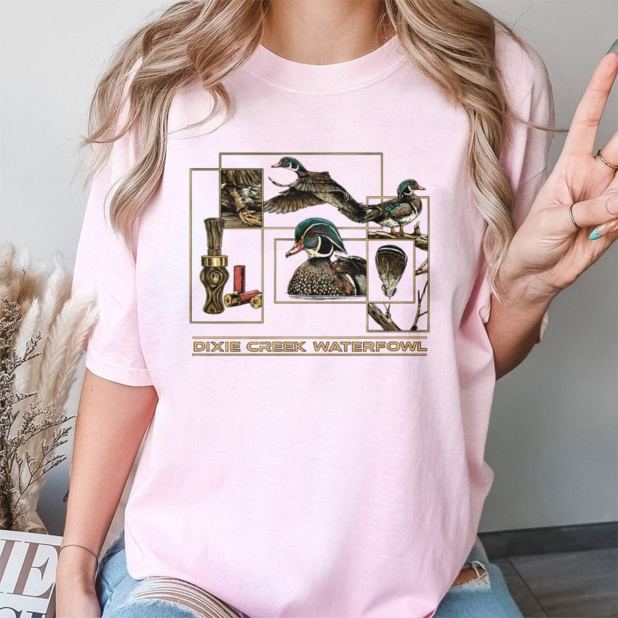 Duck Hunting T-Shirt | Wood Duck Collage Graphic Print | 100% Cotton Premium Apparel | Gift for Hunter Outdoor Enthusiast