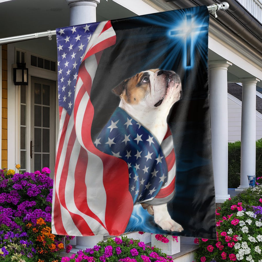 Bulldog American Flag Garden Flag | Christian Cross Patriotic Design | Weather-Resistant Premium Polyester | Gift for Dog Lovers and Veterans