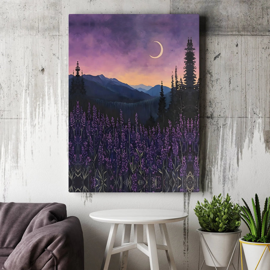Lavender Mountain Canvas Print | Twilight Lavender Field with Crescent Moon | Premium Gallery Wrapped Canvas | Nature Inspired Home Decor Gift