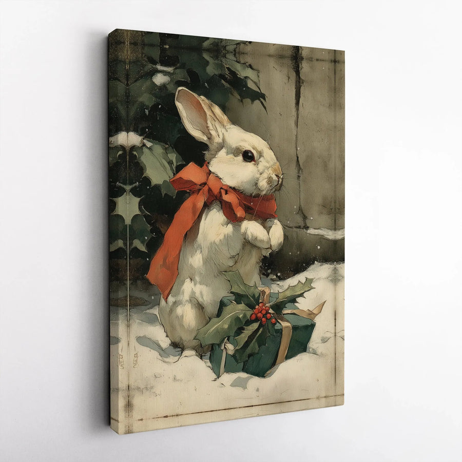 Vintage Christmas Rabbit Canvas Wall Art | Whimsical Bunny with Red Bow and Holly | Premium Fade-Resistant Gallery Wrap | Cozy Holiday Home Decor Gift