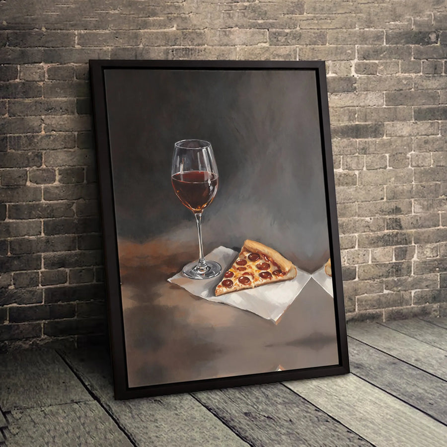 Wine and Pizza Canvas Print | Modern Still Life Oil Painting Style | Premium 1.25-Inch Gallery Wrap | Kitchen and Dining Room Wall Decor