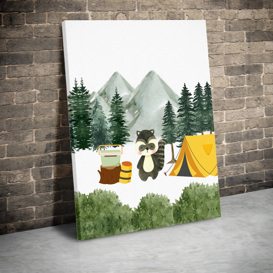 Woodland Nursery Canvas Art | Cute Raccoon Camping Scene Print | Premium Stretched Canvas | Gender Neutral Kids Room Decor & Baby Shower Gift