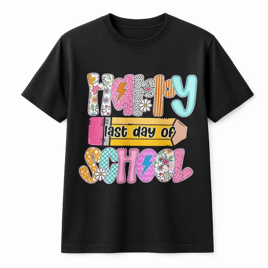 Happy Last Day of School T-Shirt | Colorful Retro Graphic Sweatshirt | Premium Cotton Blend | End of Year Gift for Teacher