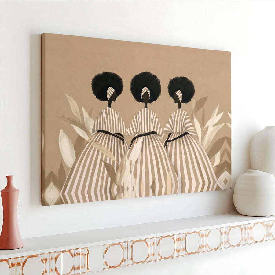 African American Art Horizontal Canvas | Modern Black Women in Striped Dresses Boho Print | Premium 1.25" Gallery Wrap Wall Decor | Elegant Cultural Gift for Living Room