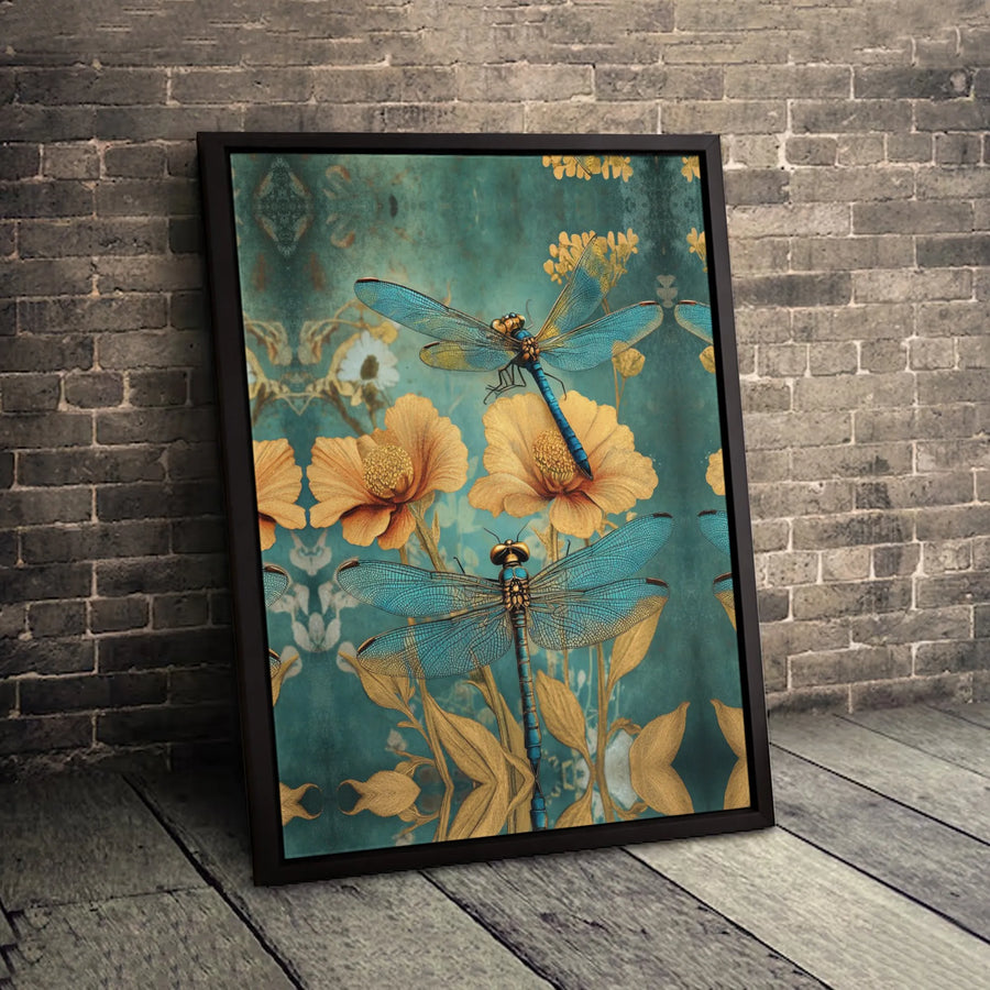 Dragonfly Canvas Wall Art | Vintage Teal And Gold Botanical Print | Premium Fade-Resistant Gallery Wrap | Elegant Home Decor For Nature Lovers