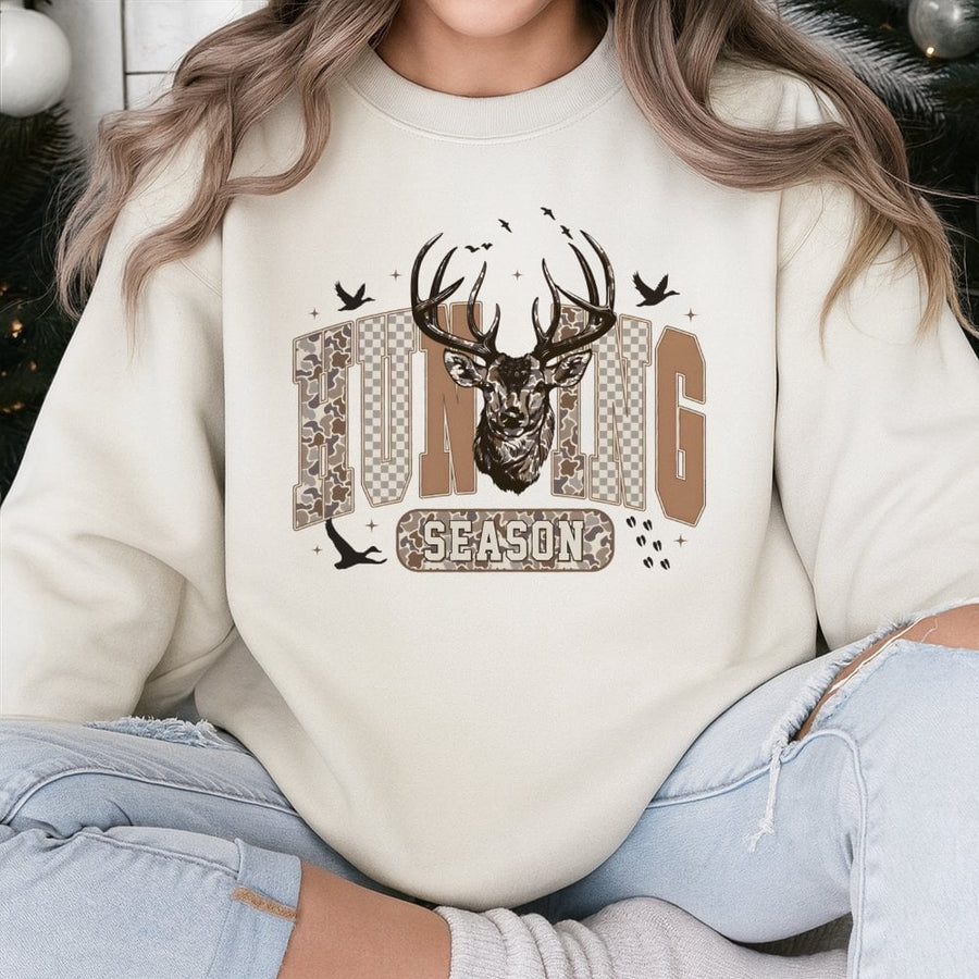Hunting Season Sweatshirt | Camo Deer and Duck Graphic | Cotton Blend Premium Crewneck | Outdoorsy Gift for Hunters Men and Women