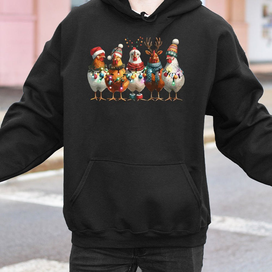 Christmas Chicken Hoodie | Funny Farm Animal Holiday Lights Graphic | Soft Cotton-Poly Blend | Cozy Winter Gift for Chicken Lovers