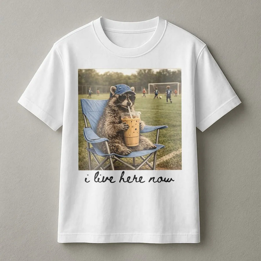 Funny Soccer Mom T-Shirt | Raccoon with Iced Coffee Graphic Tee | Soft Cotton Sideline Shirt | Game Day Tournament Gift for Moms