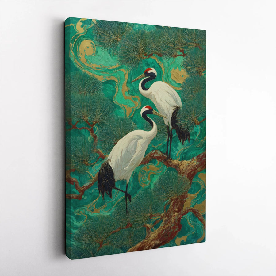 Japanese Crane Vertical Canvas | Ukiyo-e Style Bird & Pine Tree Art | Premium Gallery Wrapped Print | Asian Inspired Home Decor Collector's Gift