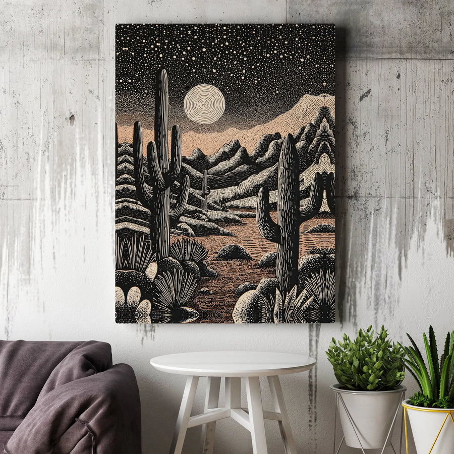 Desert Cactus Wall Art | Night Landscape Woodcut Style Print | Premium Gallery Wrapped Canvas | Southwest Home Decor Gift