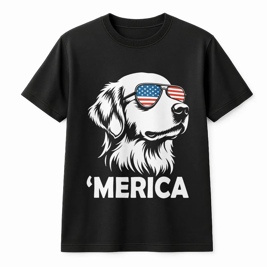 Patriotic Golden Retriever T-Shirt | Dog with American Flag Sunglasses | Cozy Cotton Blend | Funny 4th of July Gift for Dog Lovers
