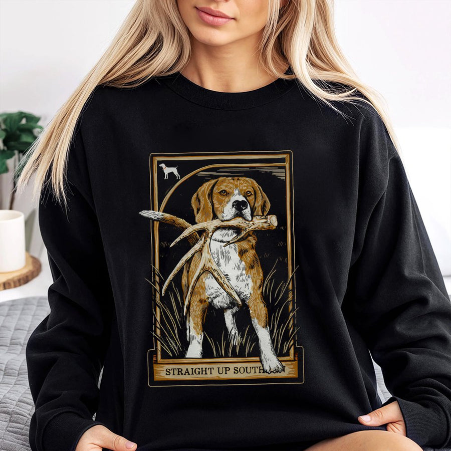 Beagle Shed Hunting Sweatshirt | Straight Up South Graphic Deer Antler Dog Art | Premium Cotton Blend | Nature Lover Gift for Him and Her