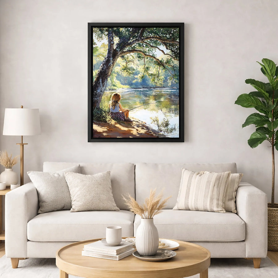 Girl Fishing Canvas Wall Art | Serene River Landscape Under Tree | Premium Gallery-Wrapped Print | Peaceful Nature Home Decor Gift