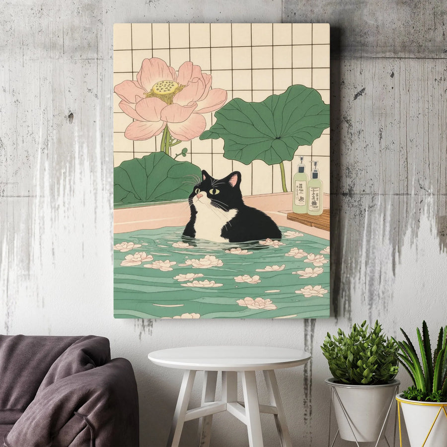 Japanese Cat Bathing Canvas Wall Art | Ukiyo-e Style Lotus Flower Decor | 1.25" Premium Gallery Wrapped Canvas | Whimsical Animal Home Gift