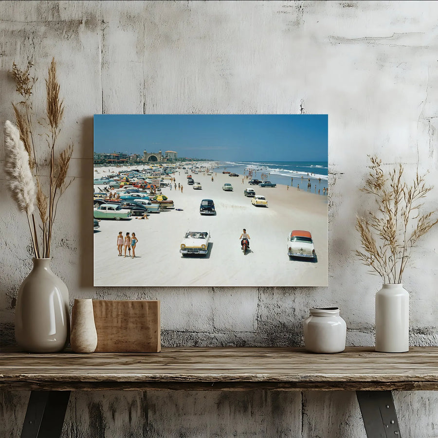 Daytona Beach Canvas Print | Vintage 1950s Cars Retro Beach Scene | Premium 1.25 Inch Gallery Wrap | Nostalgic Florida Wall Art Decor