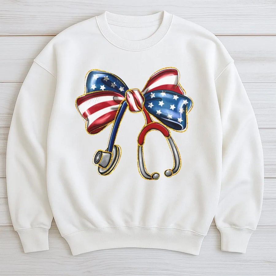 Patriotic Nurse Sweatshirt | Coquette Stethoscope American Flag Bow | Premium Cotton Blend | 4th of July Gift for RN