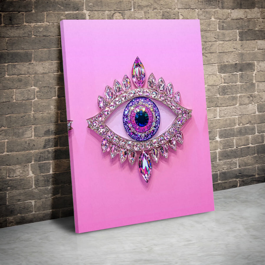 Pink Evil Eye Wall Art | Glamorous Jeweled Crystal Design | Premium Gallery-Wrapped Canvas | Modern Spiritual Home Decor Gift