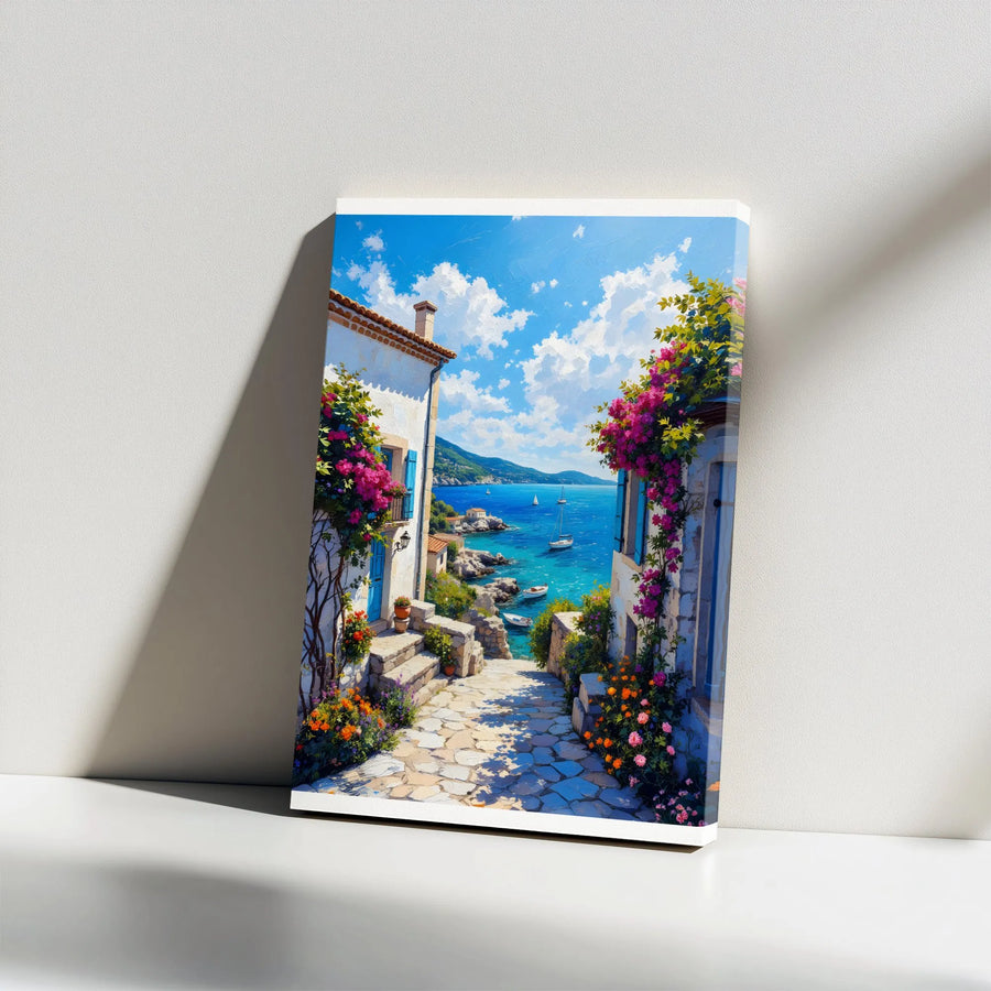 Greek Island Canvas Print | Vibrant Coastal Village with Bougainvillea | Premium Gallery Wrapped Wall Art | Mediterranean Seascape Home Decor Gift