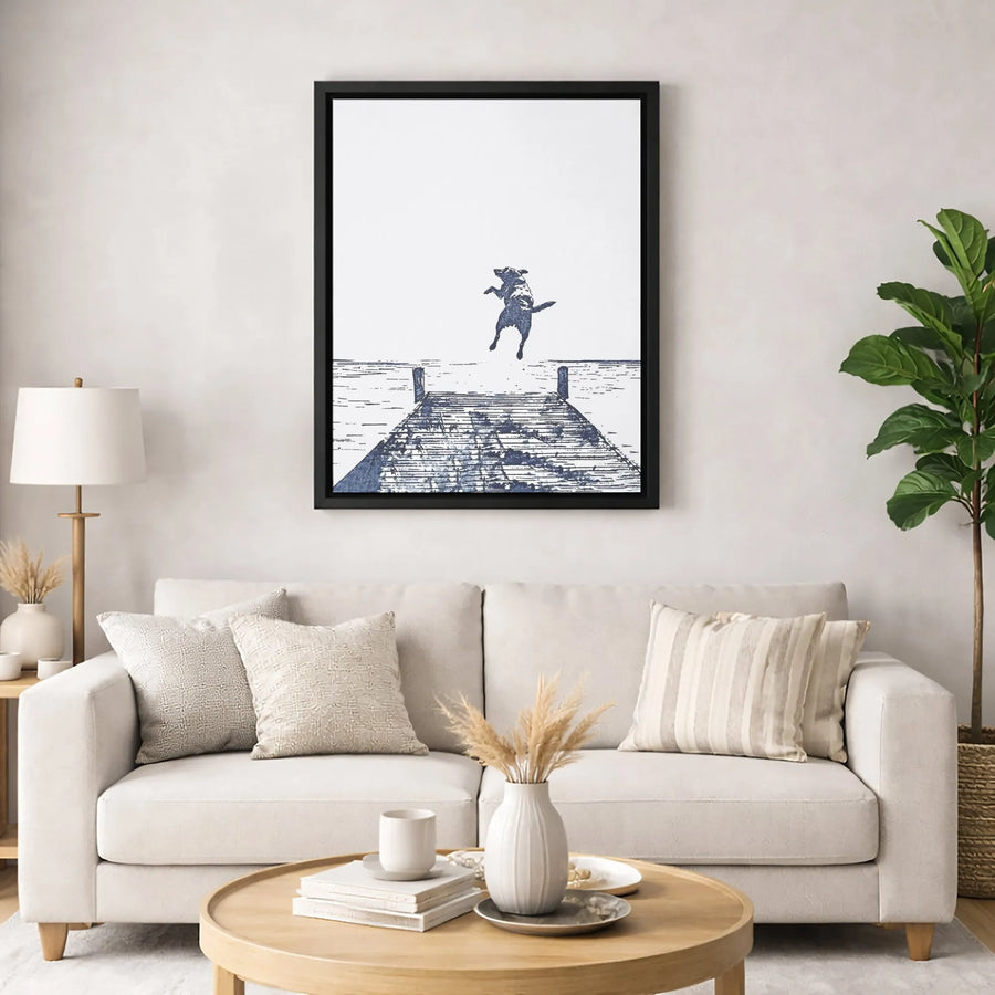 Dog Jumping Off Pier Canvas | Minimalist Lake House Sketch Art | Gallery Quality 1.25 Inch Wrap | Premium Gift for Pet Lovers