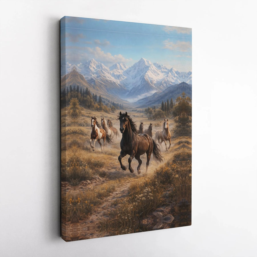 Wild Horses Canvas Wall Art | Mountain Valley Western Landscape | Premium Gallery Wrap | Rustic Home Decor Gift for Equestrian Lovers
