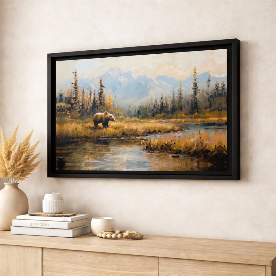 Grizzly Bear Canvas Wall Art | Autumn Mountain River Landscape | Premium Gallery-Wrapped Print | Wildlife Nature Decor for Home and Office