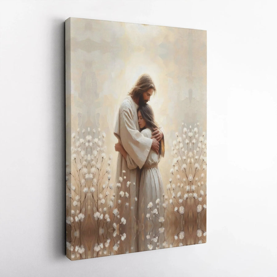 Jesus Embracing Woman Wall Art | Spiritual Christian Canvas Print | Premium Gallery-Wrapped Decor | Religious Comfort Gift for Her
