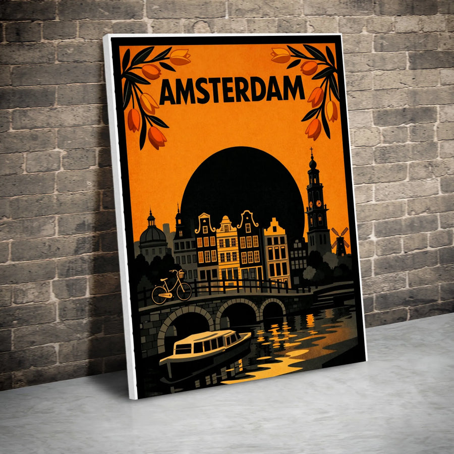 Amsterdam Canvas Wall Art | Retro Netherlands Travel Poster Print | Premium 1.25" Thick Gallery Canvas | Home Decor Gift for Traveler