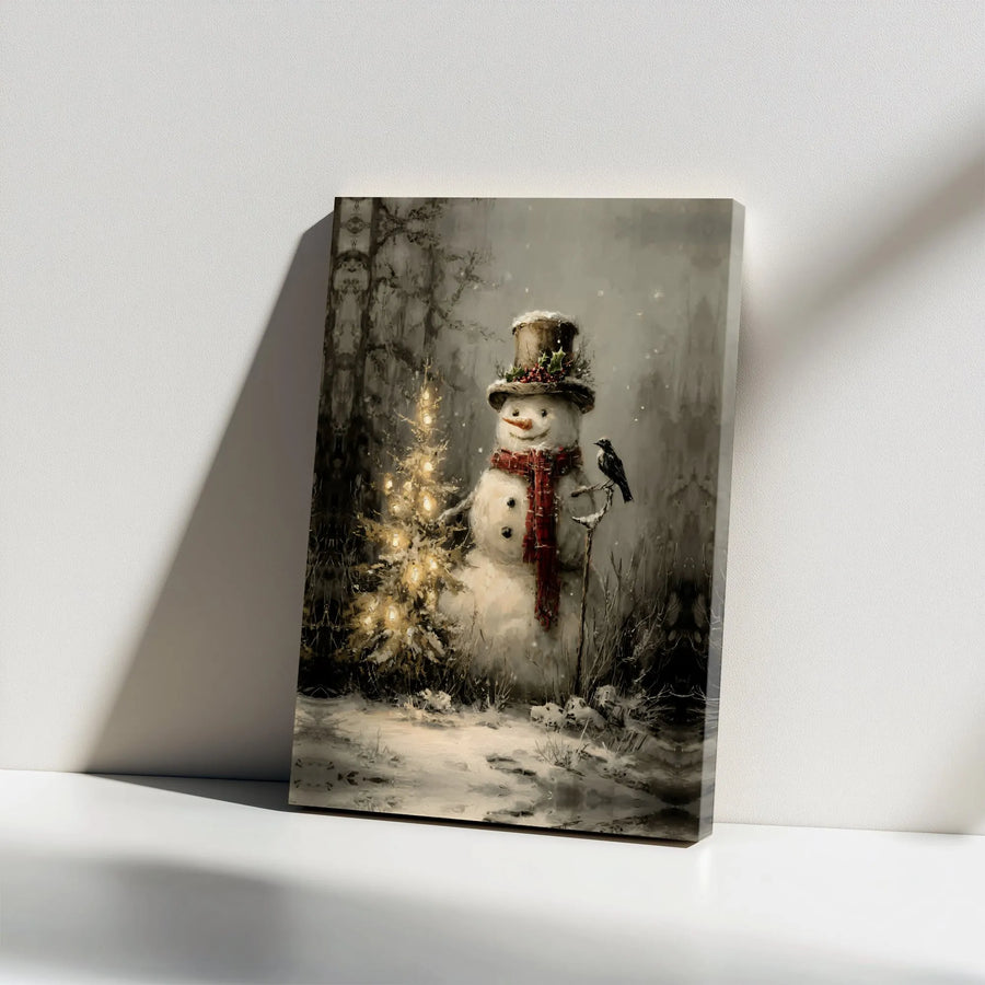 Vintage Snowman Canvas Wall Art | Rustic Christmas Tree With Bird Print | Premium Gallery Wrap Decor | Holiday Gift For Winter Home