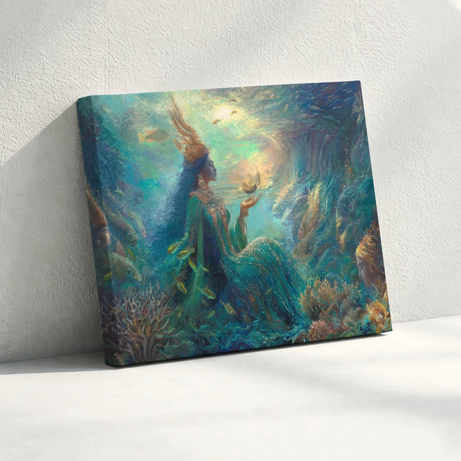 Mythical Sea Goddess Horizontal Canvas | Ethereal Underwater Ocean Queen Art Print | Premium 1.25” Gallery Wrap Frameless Wall Art | Mystical Fantasy Home Decor Gift