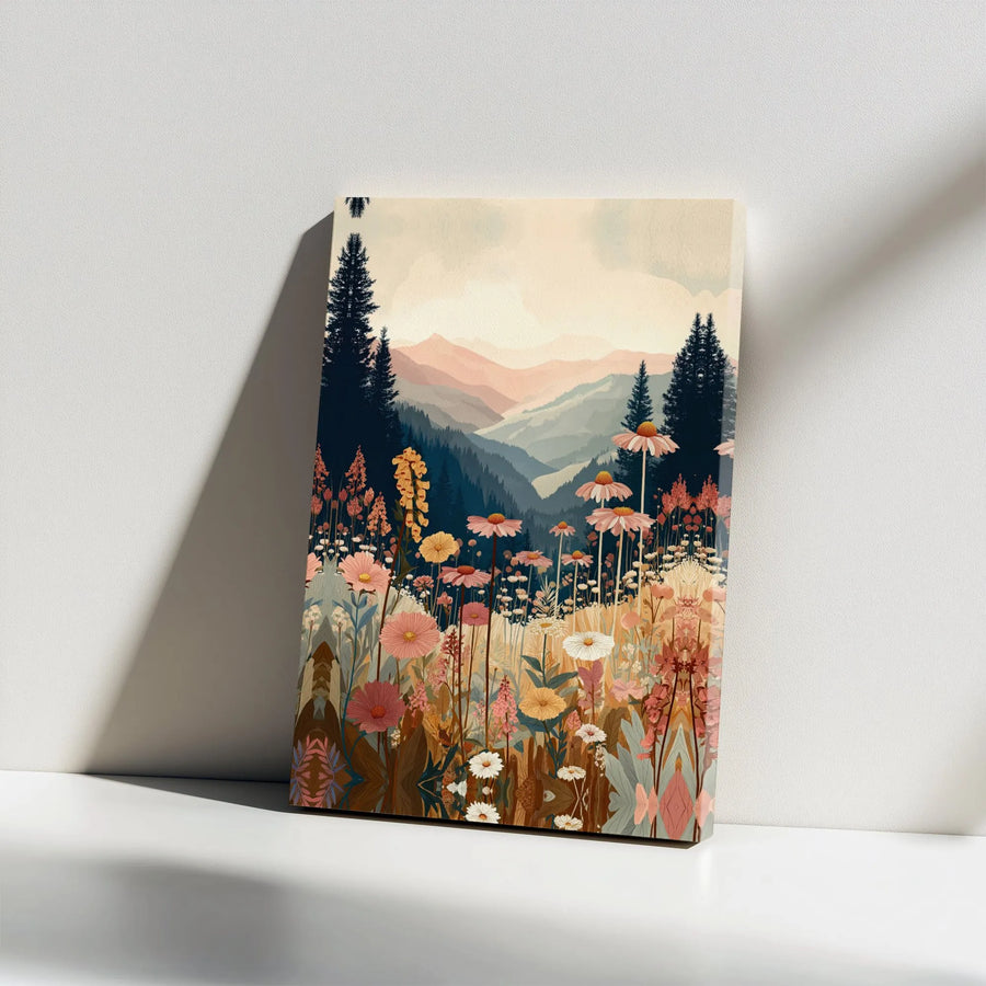 Wildflower Meadow Canvas Print | Mountain Landscape Wall Art | Gallery Wrapped Premium Decor | Boho Floral Nature Scenery for Home Office Gift