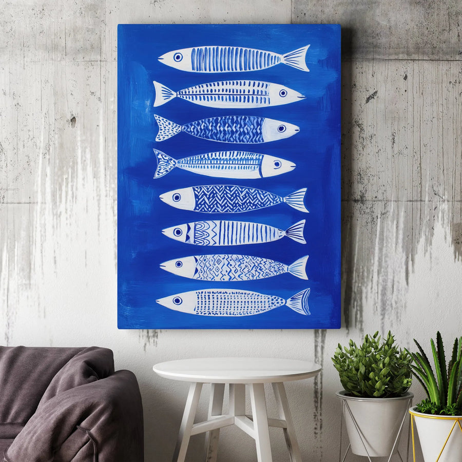 Sardine Fish Canvas Print | Modern Coastal Folk Art Illustration | Premium Gallery Wrapped Canvas | Nautical Kitchen Decor Gift