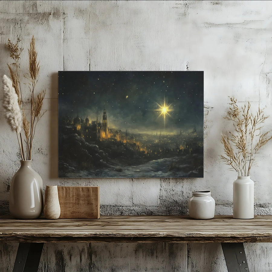 Star of Bethlehem Canvas Wall Art | Snowy Ancient City Night Scene | Premium Gallery-Wrapped Print | Religious Holiday Home Decor