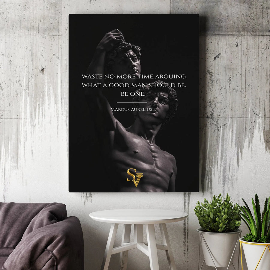 Marcus Aurelius Vertical Canvas | Stoic Quote Wall Art with Classical Statue | Premium Gallery Print | Motivational Gift for Men, Office & Home Gym Decor